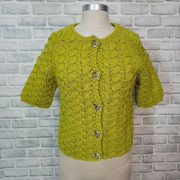 CHAUS S Avocado Green Chunky Knit Cardigan Sweater S/S Button Front Spring - Picture 1 of 8